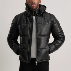 Gordon Hooded Leather Puffer Jacket In Black