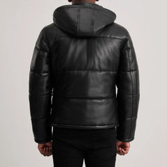 Gordon Hooded Leather Puffer Jacket In Black