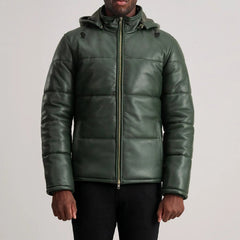 Gordon Hooded Leather Puffer Jacket In Green