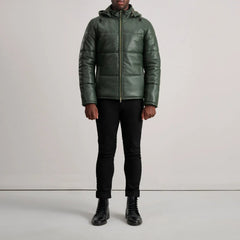 Gordon Hooded Leather Puffer Jacket In Green