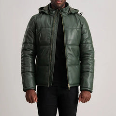 Gordon Hooded Leather Puffer Jacket In Green