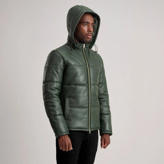 Gordon Hooded Leather Puffer Jacket In Green