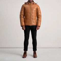 Gordon Hooded Leather Puffer Jacket In Tan