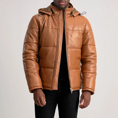 Gordon Hooded Leather Puffer Jacket In Tan
