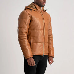 Gordon Hooded Leather Puffer Jacket In Tan