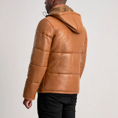 Gordon Hooded Leather Puffer Jacket In Tan