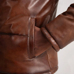 Gordon Hooded Leather Puffer Jacket In Waxed Brown