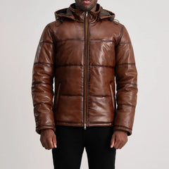 Gordon Hooded Leather Puffer Jacket In Waxed Brown