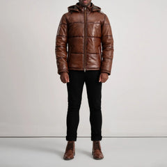 Gordon Hooded Leather Puffer Jacket In Waxed Brown