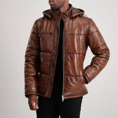 Gordon Hooded Leather Puffer Jacket In Waxed Brown