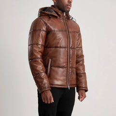 Gordon Hooded Leather Puffer Jacket In Waxed Brown