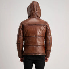 Gordon Hooded Leather Puffer Jacket In Waxed Brown