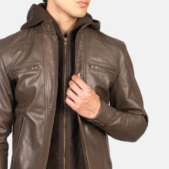 Hector Hooded Leather Biker Jacket In Brown
