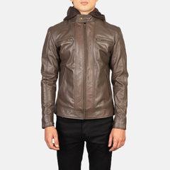 Hector Hooded Leather Biker Jacket In Brown
