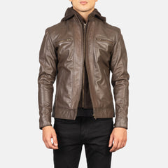 Hector Hooded Leather Biker Jacket In Brown