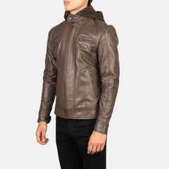 Hector Hooded Leather Biker Jacket In Brown