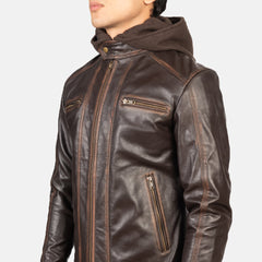 Hector Vintage Hooded Leather Biker Jacket In Brown