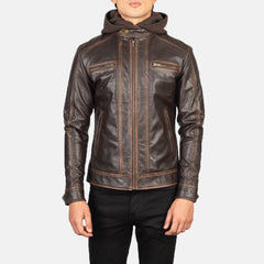 Hector Vintage Hooded Leather Biker Jacket In Brown