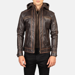 Hector Vintage Hooded Leather Biker Jacket In Brown
