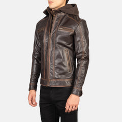 Hector Vintage Hooded Leather Biker Jacket In Brown