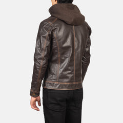 Hector Vintage Hooded Leather Biker Jacket In Brown