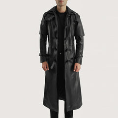 Huntsman Hooded Leather Trench Coat In Black