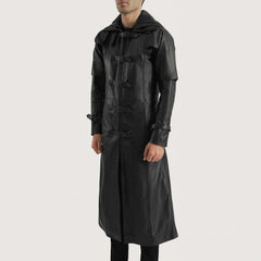 Huntsman Hooded Leather Trench Coat In Black