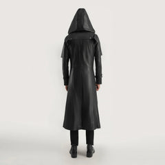 Huntsman Hooded Leather Trench Coat In Black