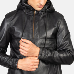 Kenton Hooded Pullover Jacket In Black Leather