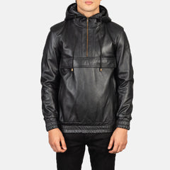 Kenton Hooded Pullover Jacket In Black Leather