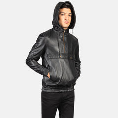 Kenton Hooded Pullover Jacket In Black Leather