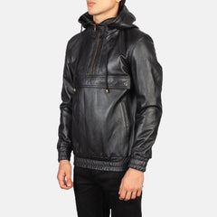 Kenton Hooded Pullover Jacket In Black Leather