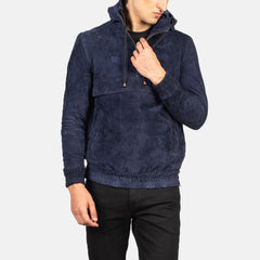 Kenton Hooded Pullover Jacket In Blue Suede