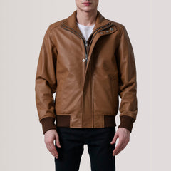 Lester Leather Bomber Jacket In Tan