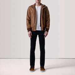 Lester Leather Bomber Jacket In Tan