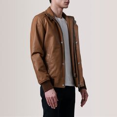 Lester Leather Bomber Jacket In Tan