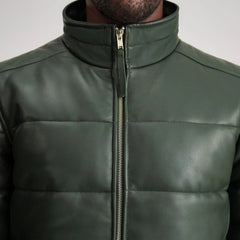 Lucas Puffer Bomber Jacket Made From Green Leather