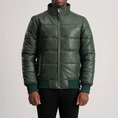 Lucas Puffer Bomber Jacket Made From Green Leather