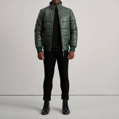 Lucas Puffer Bomber Jacket Made From Green Leather