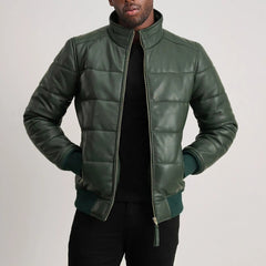 Lucas Puffer Bomber Jacket Made From Green Leather