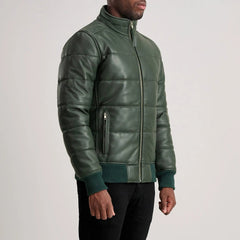 Lucas Puffer Bomber Jacket Made From Green Leather