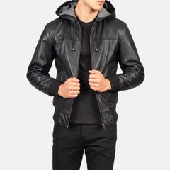 Nintenzo Hooded Leather Bomber Jacket In Black