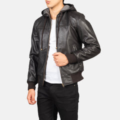 Nintenzo Hooded Leather Bomber Jacket In Brown
