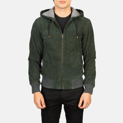 Nintenzo Hooded Suede Bomber Jacket In Green