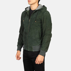Nintenzo Hooded Suede Bomber Jacket In Green
