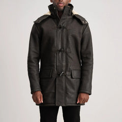 Nolan Tumbled Leather Duffle Coat In Brown