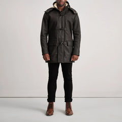 Nolan Tumbled Leather Duffle Coat In Brown