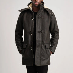 Nolan Tumbled Leather Duffle Coat In Brown