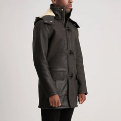 Nolan Tumbled Leather Duffle Coat In Brown