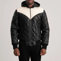 Norman Hooded Bomber Leather Puffer Jacket In Black